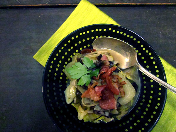 Gluten Free Braised Leeks, Fennel, & Radicchio over Polenta with Crispy Bacon