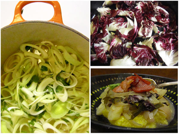 Gluten Free Braised Leeks, Fennel, & Radicchio over Polenta with Crispy Bacon