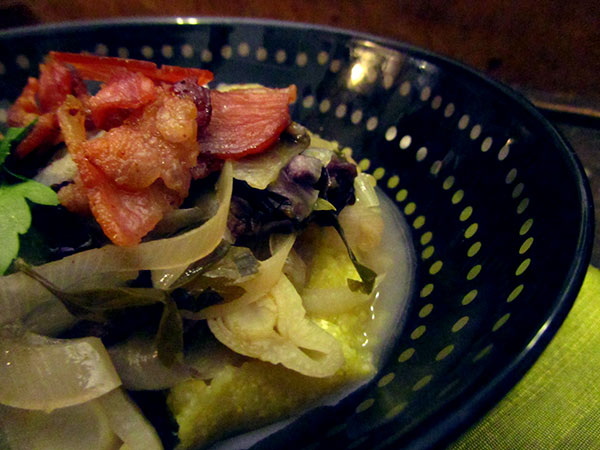 Gluten Free Braised Leeks, Fennel, & Radicchio over Polenta with Crispy Bacon